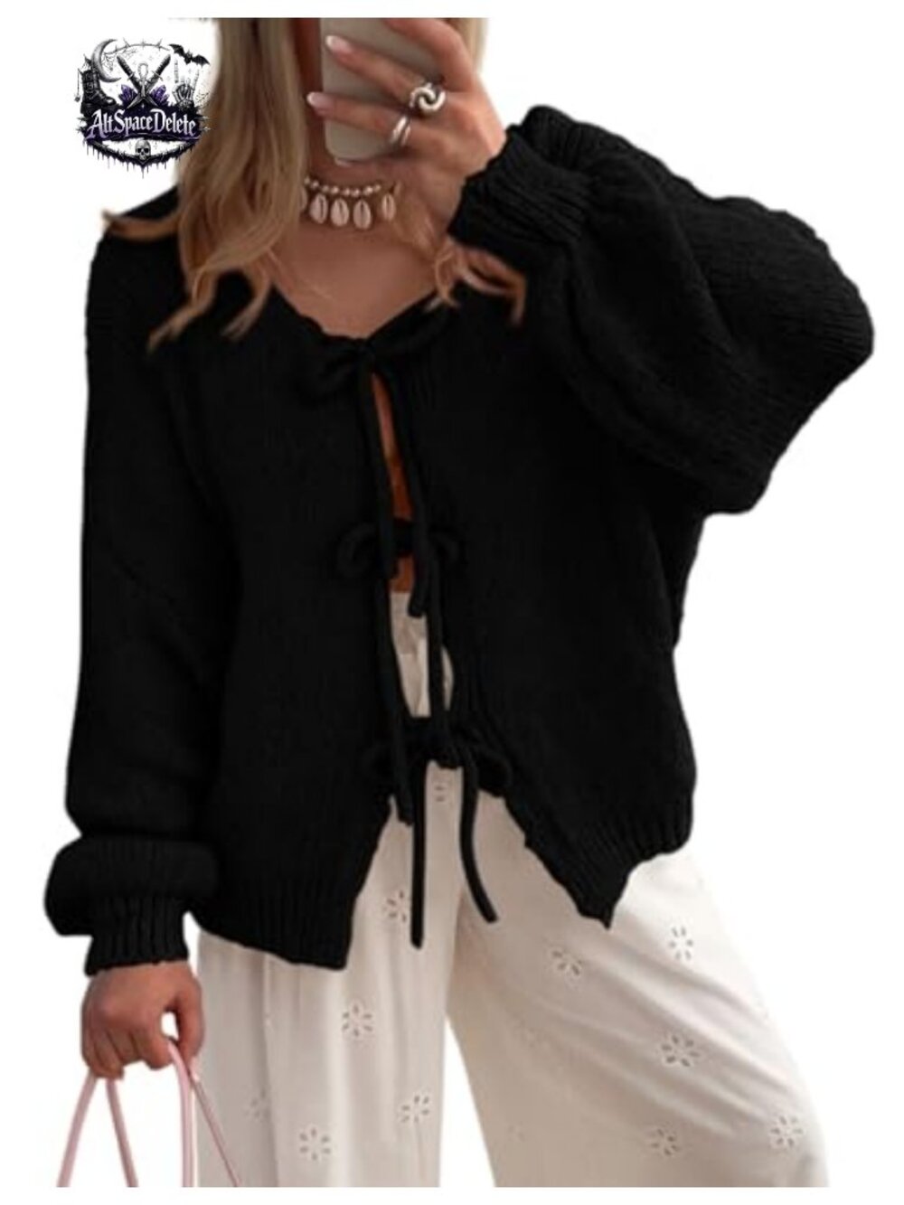 Women's Tie Front Bow Cable Knit Cardigan Sweater Puff Sleeve Chunky Knit